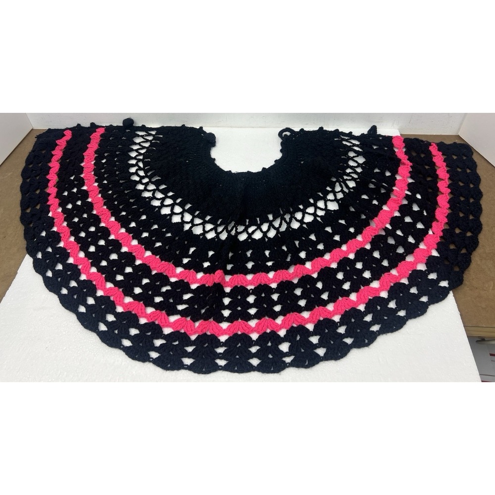 Vintage Crochet Shawl Cape black pink yarn handmade granny Festival Boho Hippie
